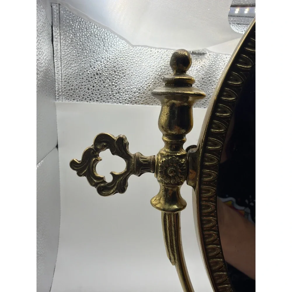 Vintage Brass Ornate Tabletop Vanity Mirror Swivel Oval Pedestal Victorian Style